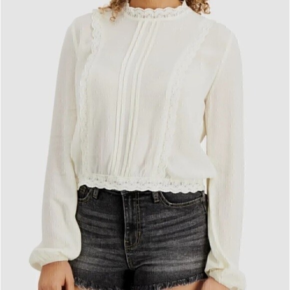 New Self Esteem Junior's Pleated Lace Trim Blouse White XS, L - Picture 4 of 6